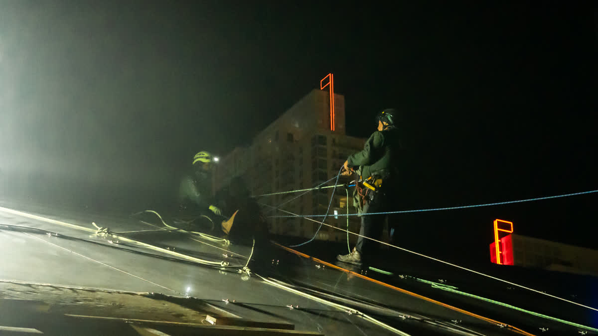 SKYHANGER 2 technicians on rooftop at night